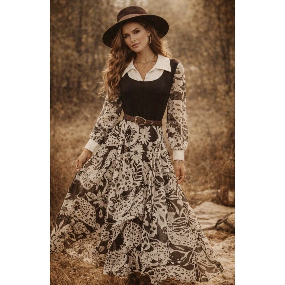 Vintage 1970s Brown & White Maxi Dress Boho Prairie Sheer Floral Sleeves S